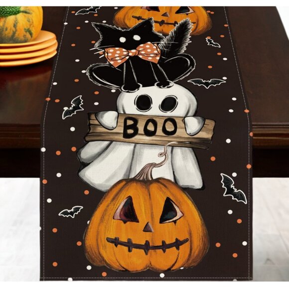 Halloween Table Runner Pumpkin Ghost Cat Decor Fall Holiday Cloth Decoration 36" - Picture 1 of 4